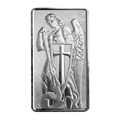 A picture of a 10 oz Archangel Michael Silver Bar